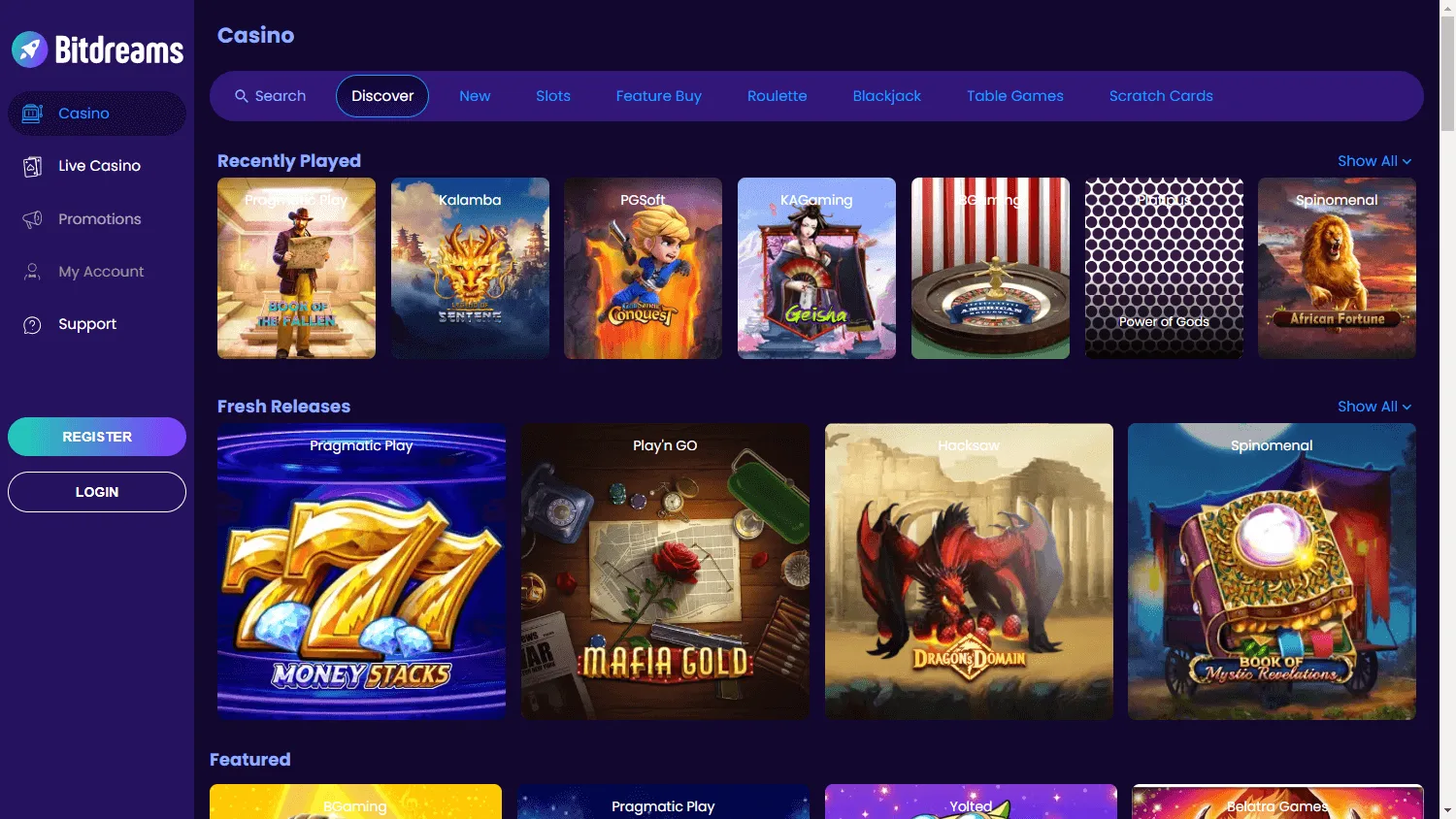Bitdreams Casino games catalogue on desktop
