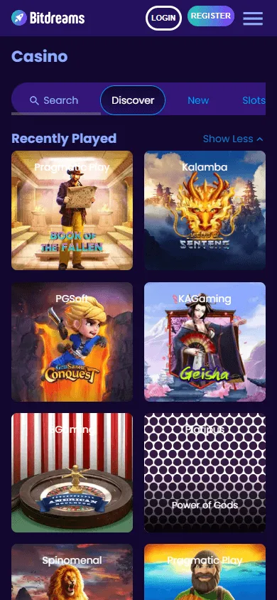 Bitdreams Casino games catalogue on a mobile phone