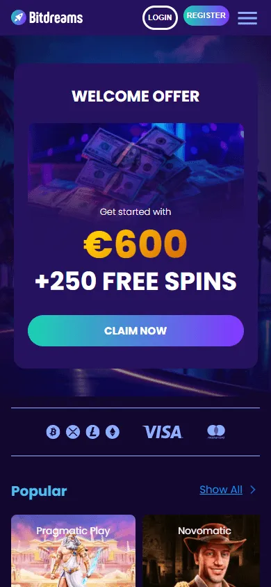 Bitdreams Casino home page on a mobile phone
