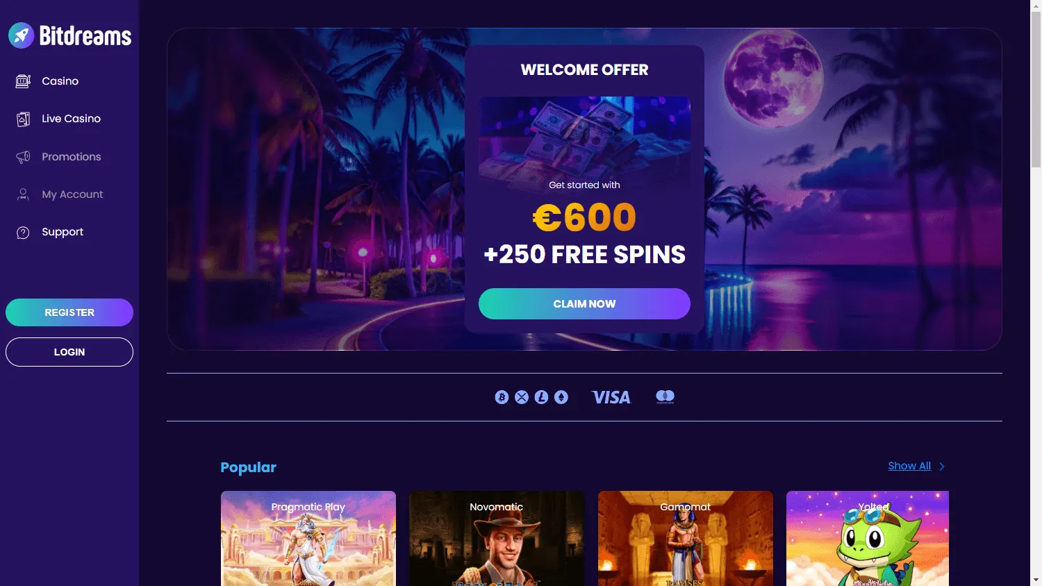 Bitdreams Casino home page on desktop